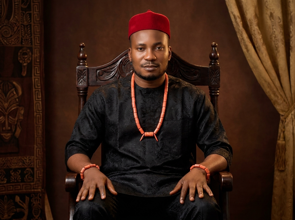 Amb. John Ifeanyi Amos in African cultural regalia with traditional cap and embroidery