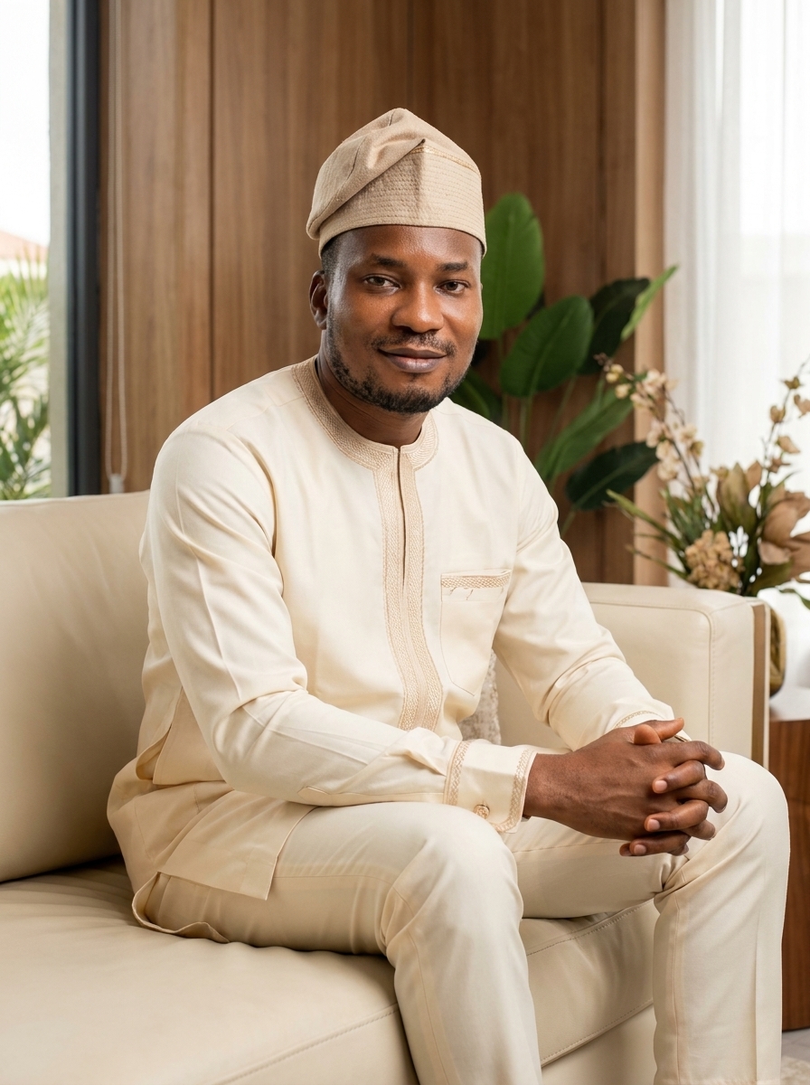 Amb. John Ifeanyi Amos seated in executive lounge in thoughtful pose