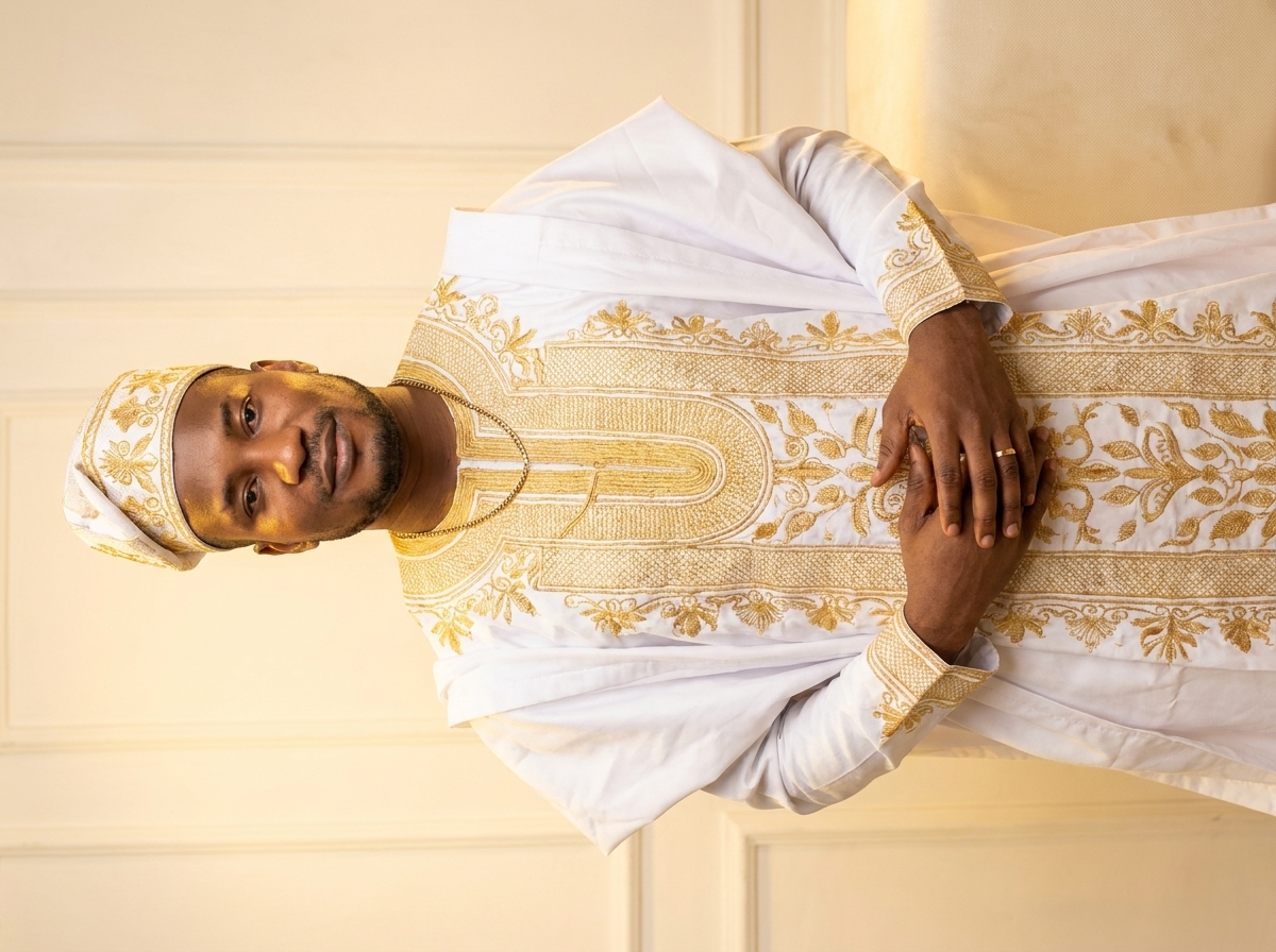 Amb. John Ifeanyi Amos in pristine ceremonial white agbada with intricate embroidery