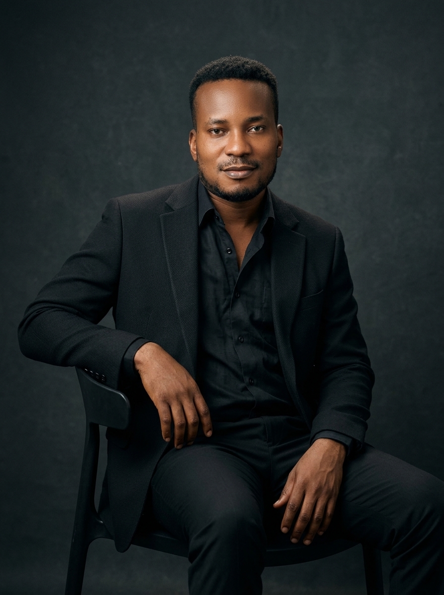 Amb. John Ifeanyi Amos seated in creative studio setting