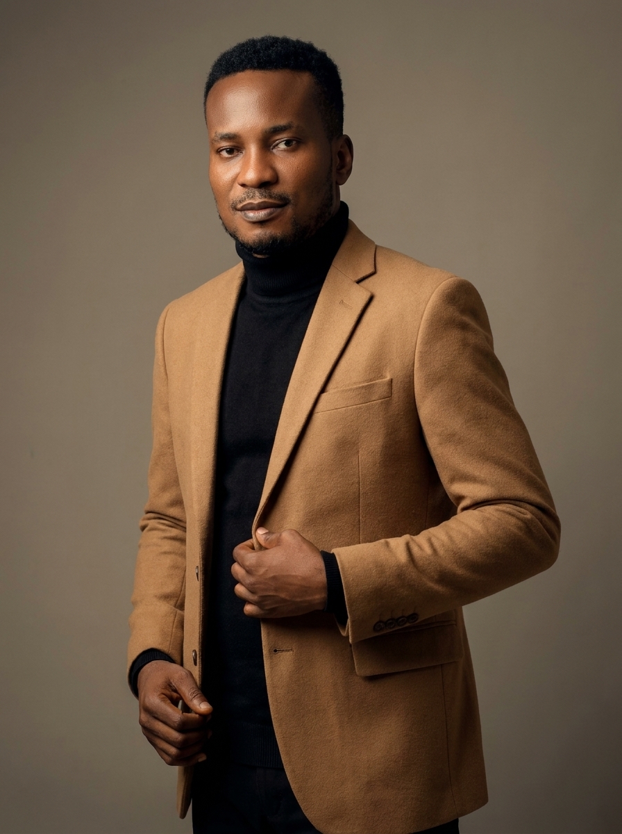 Amb. John Ifeanyi Amos in high-fashion editorial vertical portrait with dramatic studio lighting