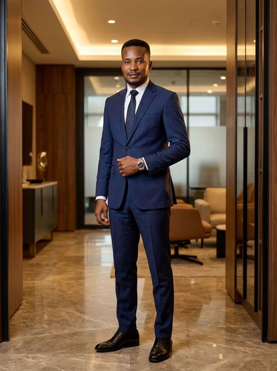 Amb. John Ifeanyi Amos posing in modern office attire