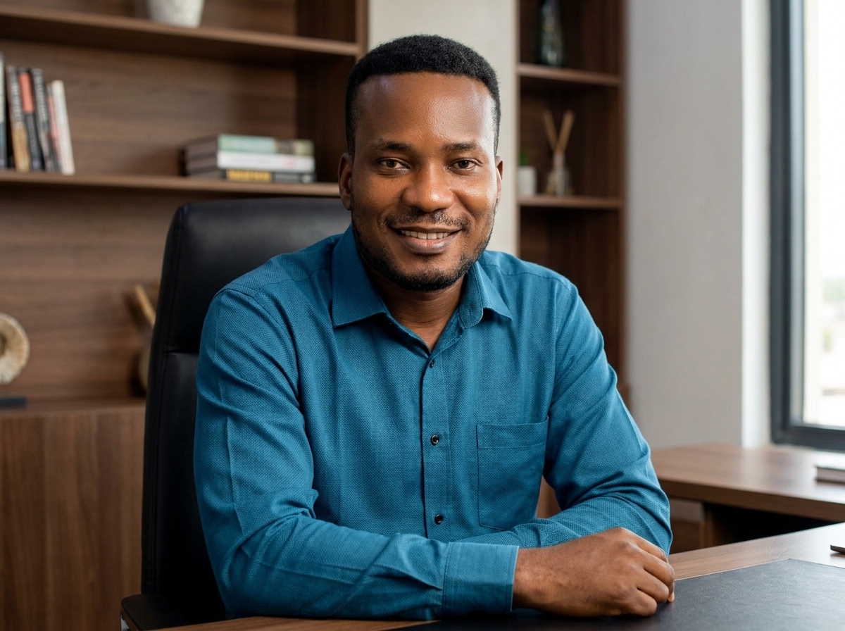 Amb. John Ifeanyi Amos seated at office workspace desk reviewing platform infrastructure
