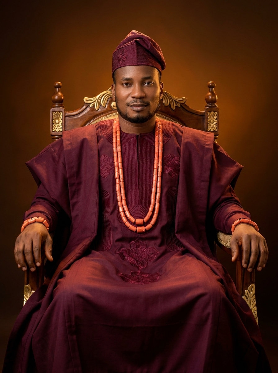 Amb. John Ifeanyi Amos seated in traditional African attire in stately composure