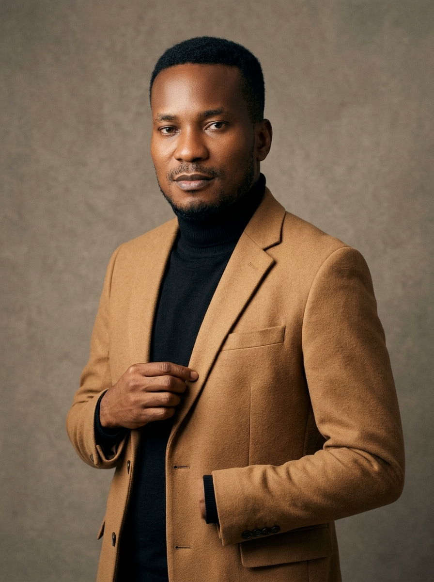 Amb. John Ifeanyi Amos in tailored blazer posing in studio light