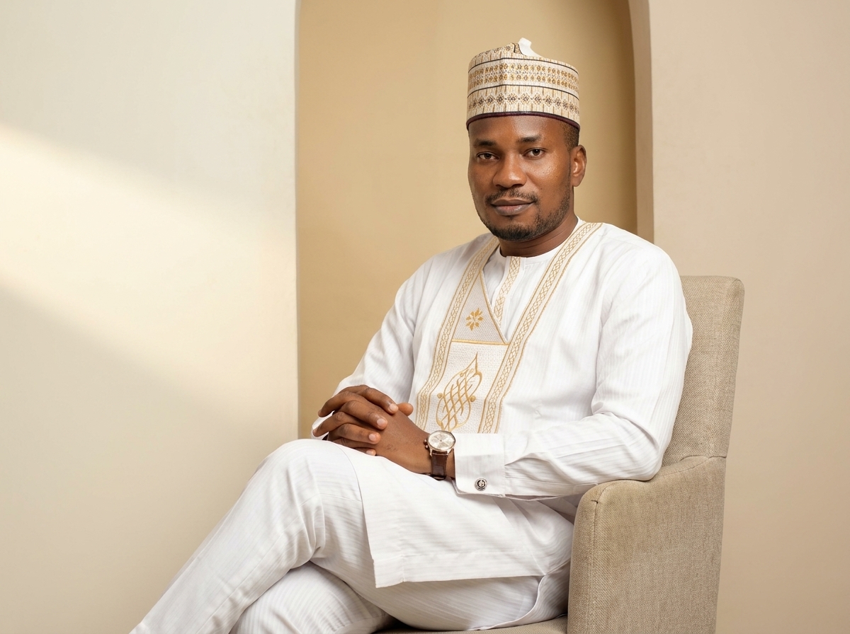 Amb. John Ifeanyi Amos seated in ceremonial white attire
